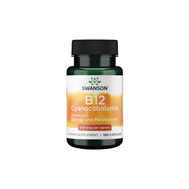 Swanson's Vitamin B12 Cyanocobalamin, 500 mcg per capsule, comes in a dark green bottle and is ideal for a vegan diet. The label highlights